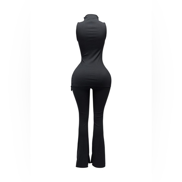 🟠 194B. Mock Neck Slit Top Flared Pant Set - Black - Picture 2 of 4